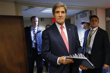 U.S. Secretary of State John Kerry enters the room for a news conference at the U.S. Embassy in Tel Aviv December 13, 2013. REUTERS/Brian Sn U.S. Secretary of State John Kerry enters the room for a news conference at the U.S. Embassy in Tel Aviv December 13, 2013. REUTERS/Brian Sn