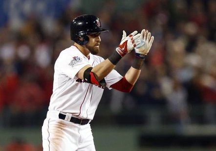 Oct 30, 2013; Boston, MA, USA; Boston Red Sox center fielder Jacoby Ellsbury (2) reacts after hitting a double against the St. Louis Cardina Oct 30, 2013; Boston, MA, USA; Boston Red Sox center fielder Jacoby Ellsbury (2) reacts after hitting a double against the St. Louis Cardina