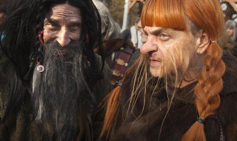 People dressed up as dwarves film a promotional video for the "The Hobbit: The Desolation of Smaug" at Belvedere Castle in Central Park, New People dressed up as dwarves film a promotional video for the "The Hobbit: The Desolation of Smaug" at Belvedere Castle in Central Park, New