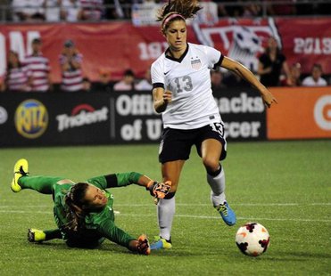 U.S. forward Alex Morgan (13) dribbles the ball around Brazil goalkeeper Luciana (12) in the second half at Florida Citrus Bowl. David Manni U.S. forward Alex Morgan (13) dribbles the ball around Brazil goalkeeper Luciana (12) in the second half at Florida Citrus Bowl. David Manni