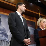 House Budget Committee chairman Representative Paul Ryan (R-WI) (C) and Senate Budget Committee chairman Senator Patty Murray (D-WA) (R) hol House Budget Committee chairman Representative Paul Ryan (R-WI) (C) and Senate Budget Committee chairman Senator Patty Murray (D-WA) (R) hol