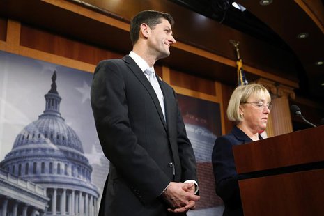House Budget Committee chairman Representative Paul Ryan (R-WI) (C) and Senate Budget Committee chairman Senator Patty Murray (D-WA) (R) hol House Budget Committee chairman Representative Paul Ryan (R-WI) (C) and Senate Budget Committee chairman Senator Patty Murray (D-WA) (R) hol