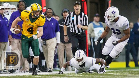 Ryan Smith takes a pass from Brock Jensen up-field in the NDSU Bison quarterfinals victory over Coastal Carolina at the Fargodome on Saturday December 14th, 2013. Ryan Smith takes a pass from Brock Jensen up-field in the NDSU Bison quarterfinals victory over Coastal Carolina at the Fargodome on Saturday December 14th, 2013.
