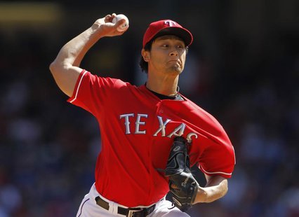 Texas Rangers starting pitcher Yu Darvish pitches against the Los Angeles Angels in the fourth inning of their MLB American League baseball Texas Rangers starting pitcher Yu Darvish pitches against the Los Angeles Angels in the fourth inning of their MLB American League baseball