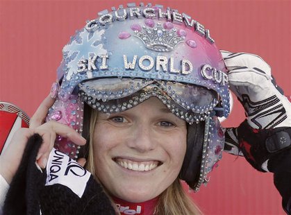 Marlies Schild of Austria celebrates on the podium after winning the Women's World Cup Slalom skiing race in Courchevel, French Alps, Decemb Marlies Schild of Austria celebrates on the podium after winning the Women's World Cup Slalom skiing race in Courchevel, French Alps, Decemb
