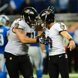 Baltimore Ravens kicker Justin Tucker (9) celebrates with guard Marshal Yanda (73) after kicking a 61 yard field goal during the fourth quarter against the Detroit Lions at Ford Field. Baltimore Ravens defeated the Detroit Lions 18-16. Mandatory Credit: Andrew Weber-USA TODAY Sports Baltimore Ravens kicker Justin Tucker (9) celebrates with guard Marshal Yanda (73) after kicking a 61 yard field goal during the fourth quarter against the Detroit Lions at Ford Field. Baltimore Ravens defeated the Detroit Lions 18-16. Mandatory Credit: Andrew Weber-USA TODAY Sports