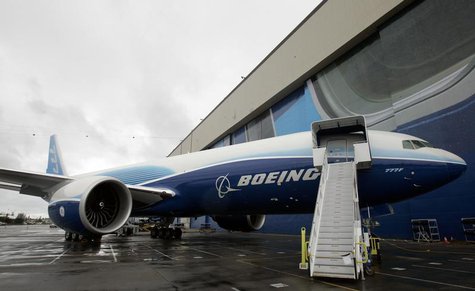 The first Boeing 777 freighter is displayed outside a hangar prior to its debut ceremony at the company's factory in Everett, Washington, Ma The first Boeing 777 freighter is displayed outside a hangar prior to its debut ceremony at the company's factory in Everett, Washington, Ma