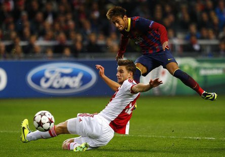 Ajax Amsterdam's Joel Veltman (L) fights for the ball with Barcelona's Neymar (R) during their Champions League group H soccer match at Amst Ajax Amsterdam's Joel Veltman (L) fights for the ball with Barcelona's Neymar (R) during their Champions League group H soccer match at Amst
