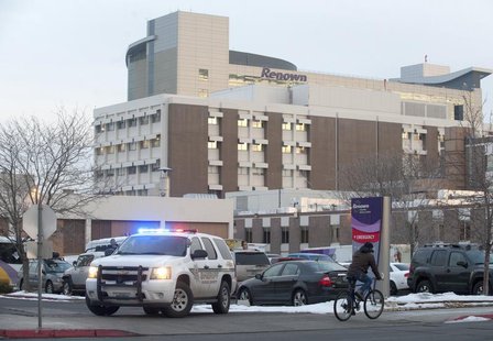 A Washoe County Sheriff vehicle blocks the entrance of the Renown Regional Medical Center during a lockdown in Reno, Nevada December 17, 201 A Washoe County Sheriff vehicle blocks the entrance of the Renown Regional Medical Center during a lockdown in Reno, Nevada December 17, 201