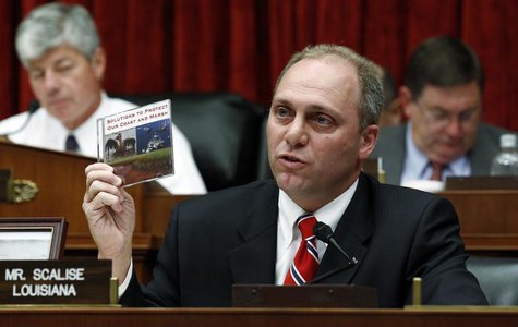 U.S. Representative Steve Scalise (R-LA) holds up a CD entitled "Solutions to Protect our Coast and Marsh" that he presented to BP CEO Tony U.S. Representative Steve Scalise (R-LA) holds up a CD entitled "Solutions to Protect our Coast and Marsh" that he presented to BP CEO Tony