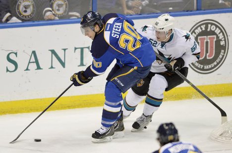 Dec 17, 2013; St. Louis, MO, USA; San Jose Sharks defenseman Matt Irwin (52) pressures St. Louis Blues left wing Alexander Steen (20) during Dec 17, 2013; St. Louis, MO, USA; San Jose Sharks defenseman Matt Irwin (52) pressures St. Louis Blues left wing Alexander Steen (20) during