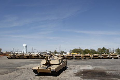 Tanks on display during a tour of the Joint Systems Manufacturing Center, Lima Army Tank Plant, in Lima, Ohio, April 23, 2012. REUTERS/Matt Tanks on display during a tour of the Joint Systems Manufacturing Center, Lima Army Tank Plant, in Lima, Ohio, April 23, 2012. REUTERS/Matt
