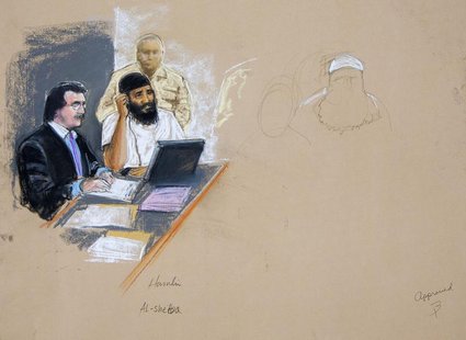 In this photograph of a sketch by courtroom artist Janet Hamlin, reviewed by the U.S. Military, Ramzi Binalshibh (seated C) attends a court In this photograph of a sketch by courtroom artist Janet Hamlin, reviewed by the U.S. Military, Ramzi Binalshibh (seated C) attends a court
