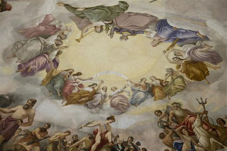 A detail of Constantino Brumidi's painting "The Apotheosis of Washington" is shown on the "eye" or ceiling of the U.S. Capitol's rotunda dur A detail of Constantino Brumidi's painting "The Apotheosis of Washington" is shown on the "eye" or ceiling of the U.S. Capitol's rotunda dur