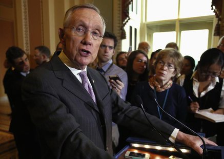 U.S. Senate Majority Leader Harry Reid (D-NV) speaks to the media following a Senate cloture vote on budget bill on Capitol Hill in Washingt U.S. Senate Majority Leader Harry Reid (D-NV) speaks to the media following a Senate cloture vote on budget bill on Capitol Hill in Washingt