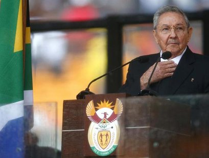 Cuban President Raul Castro delivers his speech at the memorial service for late South African President Nelson Mandela at the FNB soccer st Cuban President Raul Castro delivers his speech at the memorial service for late South African President Nelson Mandela at the FNB soccer st