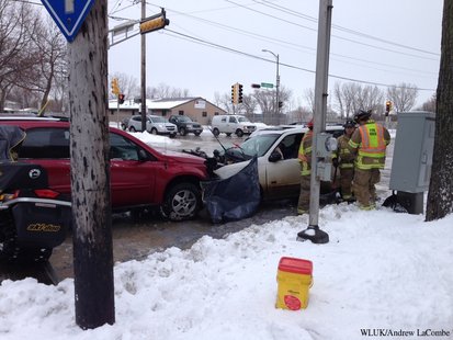 Two vehicles collided at the corner of N. Webster Ave. and University Ave. in Green Bay on Sat, Dec. 21, 2013. (Photo from: FOX 11). Two vehicles collided at the corner of N. Webster Ave. and University Ave. in Green Bay on Sat, Dec. 21, 2013. (Photo from: FOX 11).
