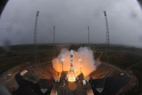 The Soyuz VS01 lifts off carrying the first two satellites in Europe's Galileo global positioning system, at the Guiana Space Center in Sinn The Soyuz VS01 lifts off carrying the first two satellites in Europe's Galileo global positioning system, at the Guiana Space Center in Sinn
