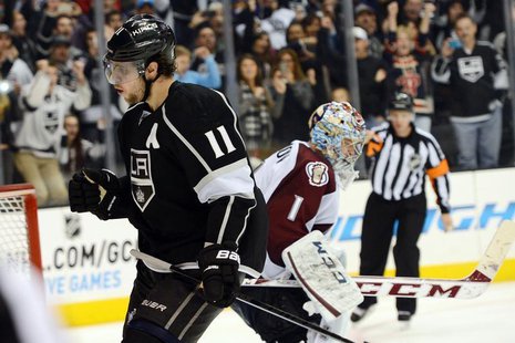Los Angeles Kings center Anze Kopitar (11) reacts after he scored the winning goal past Colorado Avalanche goalie Semyon Varlamov (1) in the Los Angeles Kings center Anze Kopitar (11) reacts after he scored the winning goal past Colorado Avalanche goalie Semyon Varlamov (1) in the
