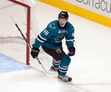 Oct 8, 2013; San Jose, CA, USA; San Jose Sharks center Tomas Hertl (48) reacts after getting a hat trick against the New York Rangers during Oct 8, 2013; San Jose, CA, USA; San Jose Sharks center Tomas Hertl (48) reacts after getting a hat trick against the New York Rangers during