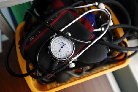 A blood-pressure machine is seen inside a basket with other medical devices at a medical centre of the Greek Delegation of the Doctors of th A blood-pressure machine is seen inside a basket with other medical devices at a medical centre of the Greek Delegation of the Doctors of th