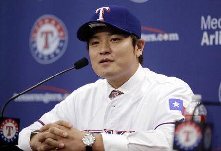 Texas Rangers outfielder Shin-Soo Choo talks to the media after being introduced at a press conference at Texas Rangers Ballpark. Mandatory Texas Rangers outfielder Shin-Soo Choo talks to the media after being introduced at a press conference at Texas Rangers Ballpark. Mandatory