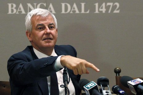 Banca Monte dei Paschi di Siena's Chairman Alessandro Profumo gestures during a news conference at the company's headquarters in Siena May 1 Banca Monte dei Paschi di Siena's Chairman Alessandro Profumo gestures during a news conference at the company's headquarters in Siena May 1