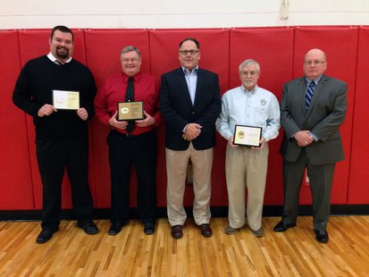 The 2014 Coldwater High School Athletic Hall of Fame induction class, L-R: Aaron Tagert, Tom Sweitzer, and honorary inductees the Coldwater Township Sunrise Rotary Club, represented by Past Presidents Mike Beckwith, Lloyd Walrack, and Bill Renner. The 2014 Coldwater High School Athletic Hall of Fame induction class, L-R: Aaron Tagert, Tom Sweitzer, and honorary inductees the Coldwater Township Sunrise Rotary Club, represented by Past Presidents Mike Beckwith, Lloyd Walrack, and Bill Renner.