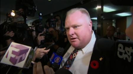 Toronto Mayor Rob Ford is shown speaking to reporters at the City Hall in this still image courtesy CBC in Toronto November 5, 2013.
Credit: REUTERS/Courtesy CBC Toronto Mayor Rob Ford is shown speaking to reporters at the City Hall in this still image courtesy CBC in Toronto November 5, 2013.
Credit: REUTERS/Courtesy CBC