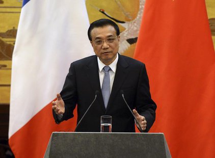 Chinese Premier Li Keqiang gives an address during a news conference with French Prime Minister Jean-Marc Ayrault (not pictured) in the Grea Chinese Premier Li Keqiang gives an address during a news conference with French Prime Minister Jean-Marc Ayrault (not pictured) in the Grea