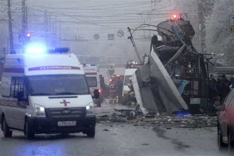 Members of the emergency services work at the site of a bomb blast on a trolleybus in Volgograd December 30, 2013.
CREDIT: REUTERS/SERGEI KARPOV Members of the emergency services work at the site of a bomb blast on a trolleybus in Volgograd December 30, 2013.
CREDIT: REUTERS/SERGEI KARPOV