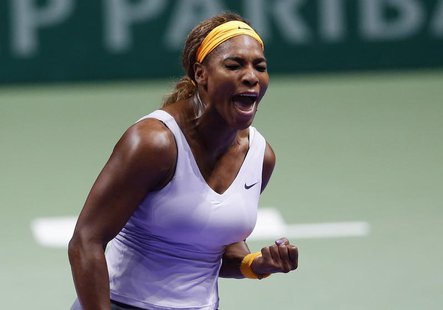 Serena Williams of the U.S. reacts during her WTA tennis championships final match against Li Na of China at Sinan Erdem Dome in Istanbul, O Serena Williams of the U.S. reacts during her WTA tennis championships final match against Li Na of China at Sinan Erdem Dome in Istanbul, O