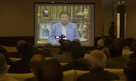 Former Pakistani president Pervez Musharraf is seen during a pre-recorded video statement played for his supporters and members of the media Former Pakistani president Pervez Musharraf is seen during a pre-recorded video statement played for his supporters and members of the media