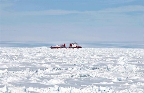 The Xue Long (Snow Dragon) Chinese icebreaker, as seen from Australia's Antarctic supply ship, the Aurora Australis, sits in an ice pack una The Xue Long (Snow Dragon) Chinese icebreaker, as seen from Australia's Antarctic supply ship, the Aurora Australis, sits in an ice pack una