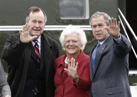 Then U.S. President George W. Bush (R) waves alongside his parents, former President George Bush and former first lady Barbara Bush upon their arrival in Fort Hood, Texas, in this April 8, 2007 file More...
CREDIT: REUTERS/JASON REED/FILES Then U.S. President George W. Bush (R) waves alongside his parents, former President George Bush and former first lady Barbara Bush upon their arrival in Fort Hood, Texas, in this April 8, 2007 file More...
CREDIT: REUTERS/JASON REED/FILES
