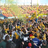 Fans cheer on the NDSU Bison after they stormed the field following the Bison's 3rd straight FCS National Championship January 4th, 2014. Fans cheer on the NDSU Bison after they stormed the field following the Bison's 3rd straight FCS National Championship January 4th, 2014.