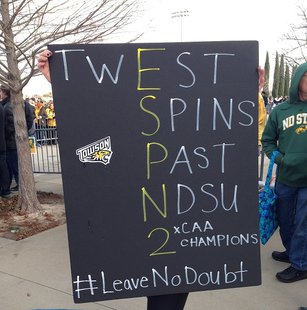 Towson graduate and current Austin, Texas resident Jennifer Heil shows off her Tigers signage outside Toyota Stadium in Frisco, Texas before the FCS National Championship game between Towson and North Dakota State University on Saturday January 4th, 2014. Towson graduate and current Austin, Texas resident Jennifer Heil shows off her Tigers signage outside Toyota Stadium in Frisco, Texas before the FCS National Championship game between Towson and North Dakota State University on Saturday January 4th, 2014.