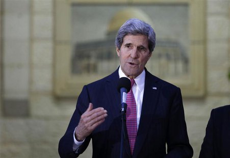 U.S. Secretary of State John Kerry gives a statement to the press after the meeting with Palestinian President Mahmoud Abbas in the West Ban U.S. Secretary of State John Kerry gives a statement to the press after the meeting with Palestinian President Mahmoud Abbas in the West Ban