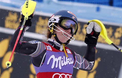Mikaela Shiffrin of the U.S. celebrates after winning the World Cup alpine skiing women's slalom race in Bormio, January 5, 2014. REUTERS/St Mikaela Shiffrin of the U.S. celebrates after winning the World Cup alpine skiing women's slalom race in Bormio, January 5, 2014. REUTERS/St