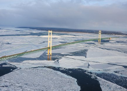 Ice forms under the Straits of Mackinac. Ice forms under the Straits of Mackinac.