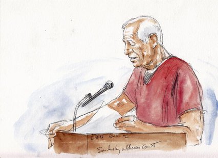 Former Pennsylvania State University football coach Jerry Sandusky addresses the court in this courtroom sketch during his sentencing hearin Former Pennsylvania State University football coach Jerry Sandusky addresses the court in this courtroom sketch during his sentencing hearin