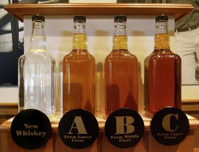 Bottles showing the barrel aging process are seen at the Jack Daniel's distillery in Lynchburg, Tennessee May 10, 2011. REUTERS/ Martinne Ge Bottles showing the barrel aging process are seen at the Jack Daniel's distillery in Lynchburg, Tennessee May 10, 2011. REUTERS/ Martinne Ge