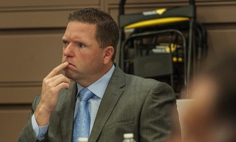 Former Fullerton police officer Jay Cicinelli, 42, listens to the opening statements of John Barnett, the defense attorney for former Fuller Former Fullerton police officer Jay Cicinelli, 42, listens to the opening statements of John Barnett, the defense attorney for former Fuller