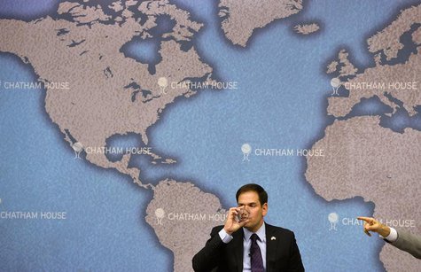 U.S. Republican Senator Marco Rubio drinks as he prepares to answer questions after delivering his keynote speech entitled 'American Leaders U.S. Republican Senator Marco Rubio drinks as he prepares to answer questions after delivering his keynote speech entitled 'American Leaders