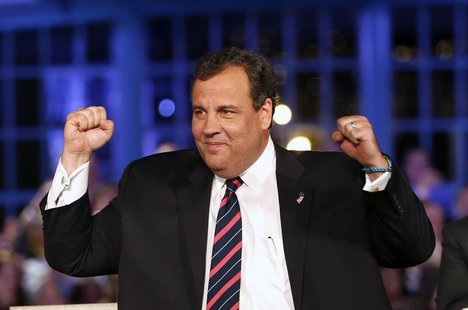 Republican New Jersey Governor Chris Christie gestures as he takes the stage at his election night party in Asbury Park, New Jersey November Republican New Jersey Governor Chris Christie gestures as he takes the stage at his election night party in Asbury Park, New Jersey November