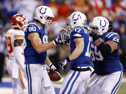 Jan 4, 2014; Indianapolis, IN, USA; Indianapolis Colts tight end Coby Fleener (80) is congratulated by wide receiver Griff Whalen (17) after Jan 4, 2014; Indianapolis, IN, USA; Indianapolis Colts tight end Coby Fleener (80) is congratulated by wide receiver Griff Whalen (17) after