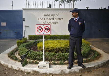 A private security guard stands outside the U.S. embassy in New Delhi December 18, 2013. REUTERS/Anindito Mukherjee A private security guard stands outside the U.S. embassy in New Delhi December 18, 2013. REUTERS/Anindito Mukherjee