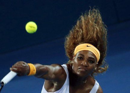 Serena Williams of the U.S. serves to Victoria Azarenka of Belarus during their women's final match at the Brisbane International tennis tou Serena Williams of the U.S. serves to Victoria Azarenka of Belarus during their women's final match at the Brisbane International tennis tou