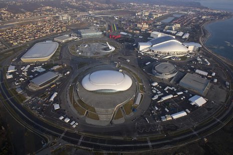 An aerial view from a helicopter shows the Olympic Park under construction in the Adler district of the Black Sea resort city of Sochi, Dece An aerial view from a helicopter shows the Olympic Park under construction in the Adler district of the Black Sea resort city of Sochi, Dece