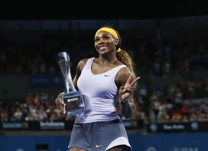Serena Williams of the U.S. holds up the Brisbane International trophy after defeating Victoria Azarenka of Belarus in the women's singles f Serena Williams of the U.S. holds up the Brisbane International trophy after defeating Victoria Azarenka of Belarus in the women's singles f